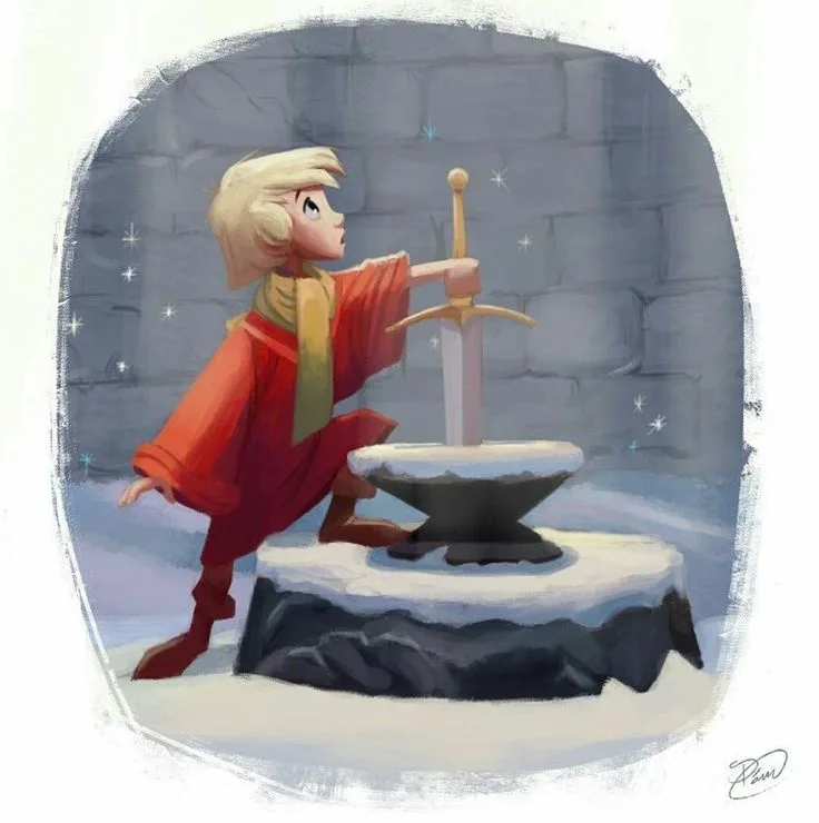A young, blonde-haired boy in a red robe and yellow scarf stands in a snowy, stone-walled chamber, pulling a sword from a…