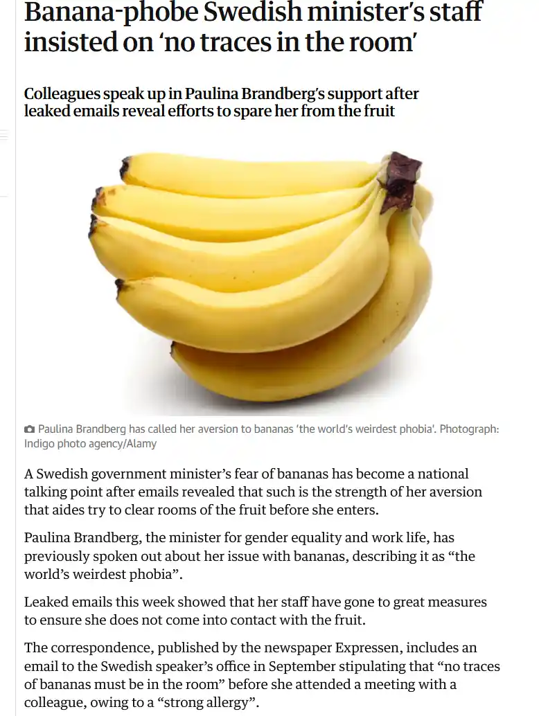 A news article headline about a Swedish minister's extreme aversion to bananas, accompanied by a photo of a bunch of yellow…