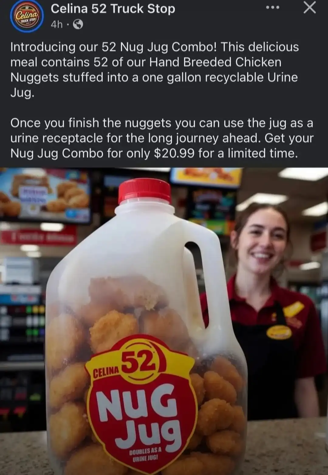 A promotional image from Celina 52 Truck Stop shows a large one-gallon jug filled with chicken nuggets, labeled 'Nug Jug'…