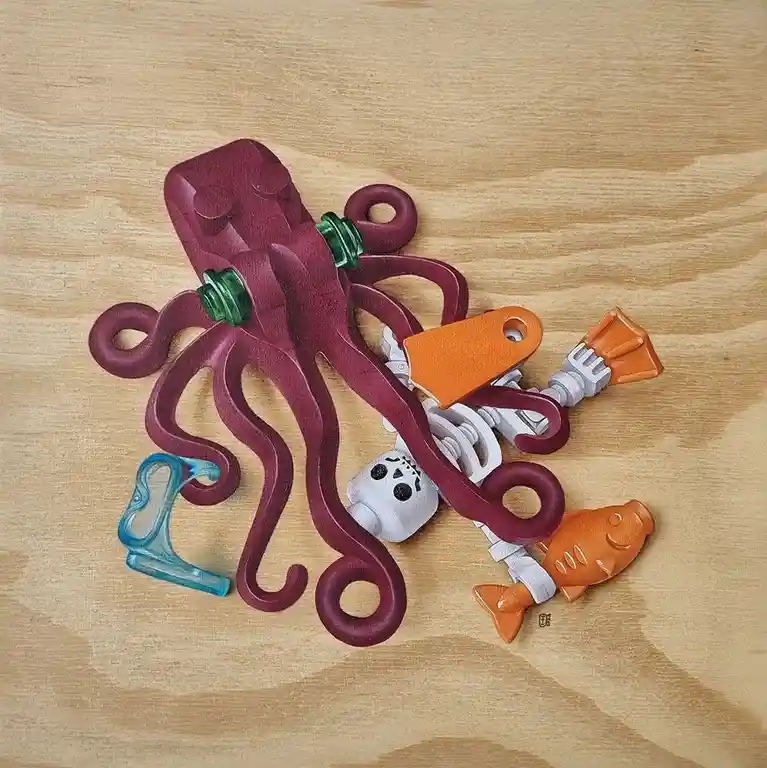 A painted artwork depicts a maroon octopus with green eyes and curled tentacles, wrapping around a white lego skeleton that…