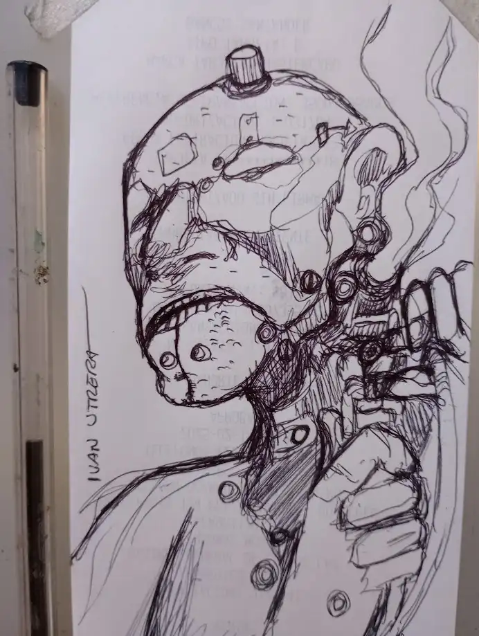 A black-and-white sketch of a heavily armored, helmeted figure with a mechanical, robotic appearance, drawn in a rough…