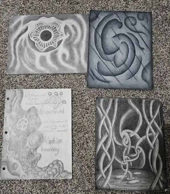 Four pencil drawings on paper lie on a carpet, depicting abstract, complex, and swirling patterns. One drawing is on lined…