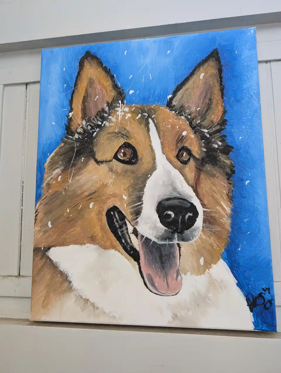 A painted portrait of a brown and white dog with pointed ears and a happy expression, set against a blue background with…