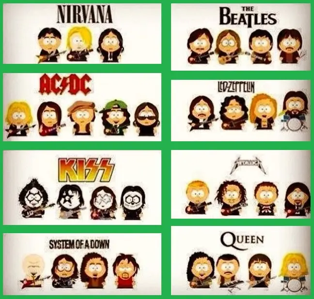 A collage of eight panels, each showing a different rock band's members redrawn in the distinct South Park cartoon art…
