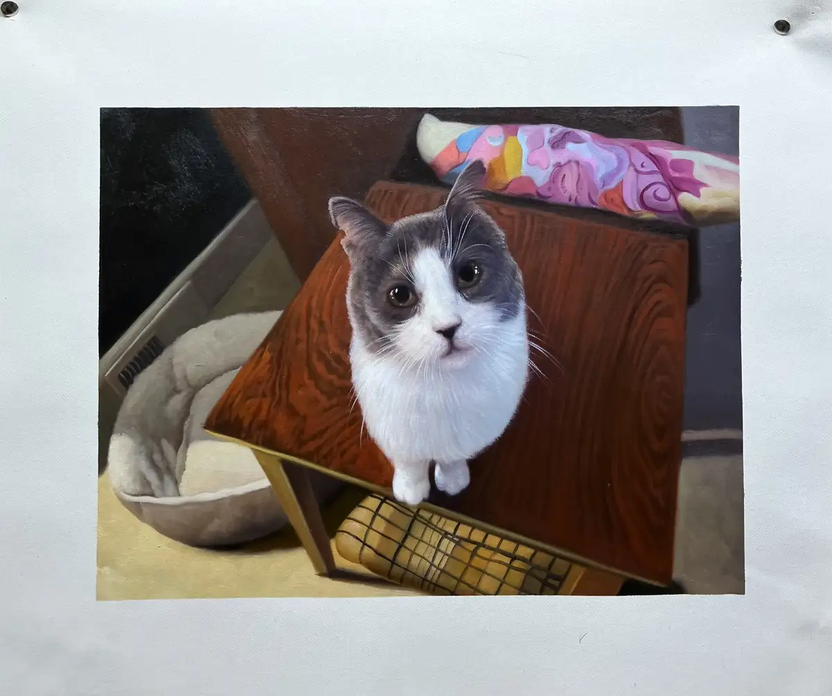 A realistic painting of a gray and white cat sitting upright on a wooden table, looking directly at the viewer with a…