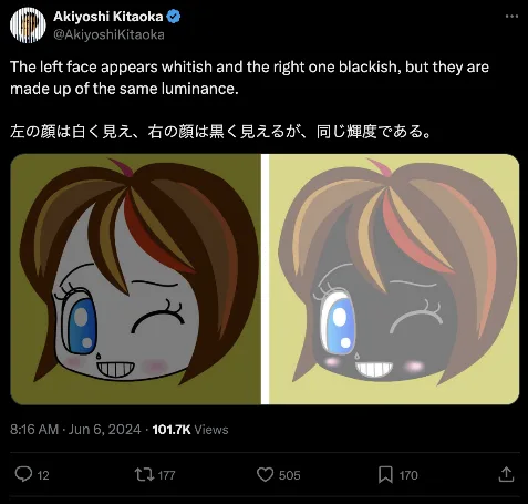 A tweet by Akiyoshi Kitaoka showing two side-by-side anime-style faces with identical luminance, one appearing whitish and…