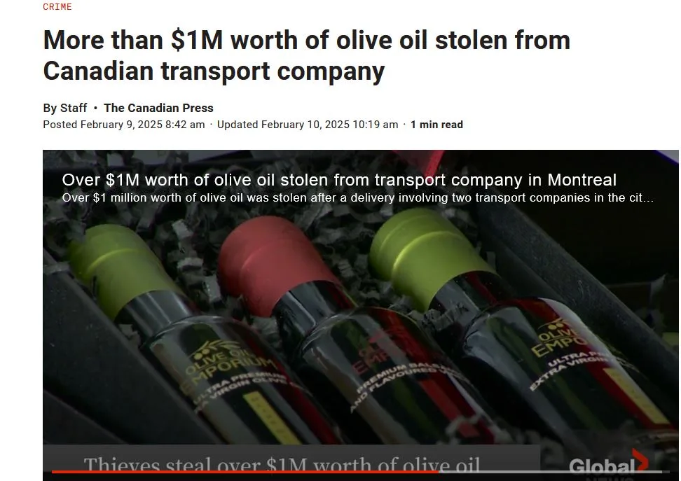 A screenshot of a news article about a $1M olive oil theft shows bottles of 'Olive Oil Emporium' olive oil in a crate. The…