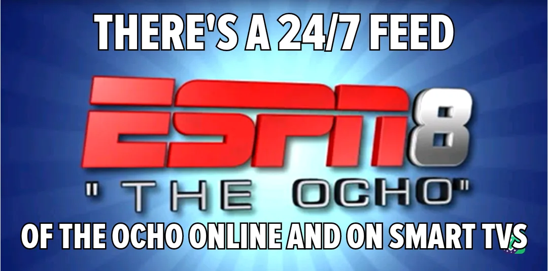 The image displays the ESPN8 logo with the tagline 'THE OCHO' against a blue radial gradient background. Overlaid text in…