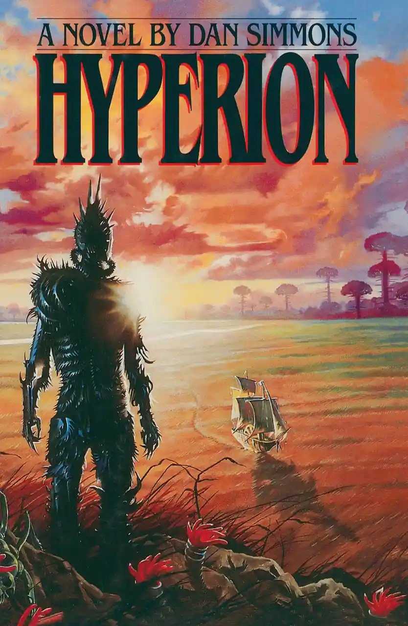 The image is the cover of Dan Simmons' novel 'Hyperion,' featuring a towering, spiky, dark alien creature standing on a…