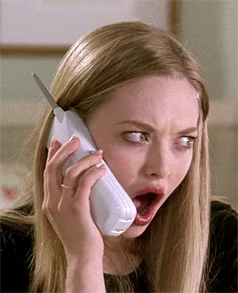 six sequential frames show actress Amanda Seyfried with a shocked, screaming expression while holding an old white flip…