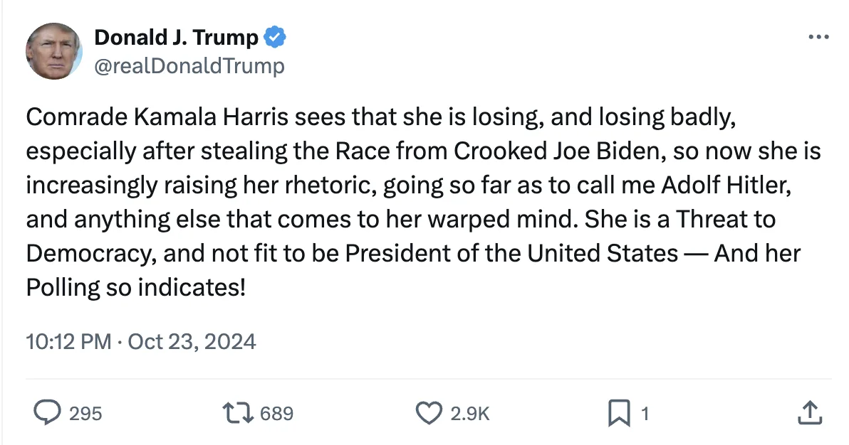 A screenshot of a fictional tweet from Donald J. Trump's verified Twitter account, dated October 23, 2024, at 10:12 PM. The…