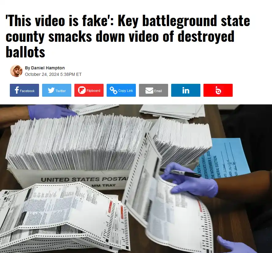 A news article headline reads 'This video is fake': Key battleground state county smacks down video of destroyed ballots…