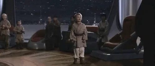a sequence of frames from star wars: episode i the phantom menace shows a young anakin skywalker standing in a training room…