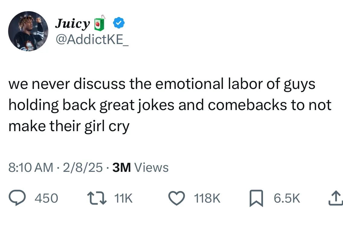 A screenshot of a tweet from the verified Twitter account @AddictKE_, displaying the text 'we never discuss the emotional…