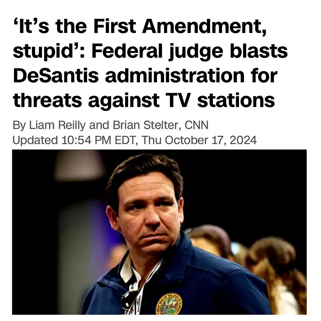 A screenshot of a CNN news article headline about a federal judge criticizing the DeSantis administration for threatening TV…