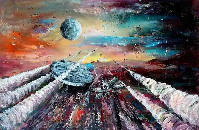 A colorful, abstract painting depicts a Millennium Falcon spaceship in the center, flanked by two long, white, ribbed…