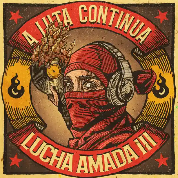 A stylized, vintage woodcut-style illustration shows a person wearing red headwear and a red face covering, holding a…