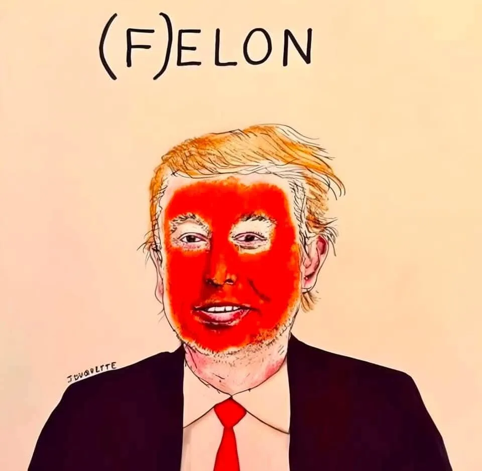 A cartoon illustration of Donald Trump with his face painted bright red, wearing a black suit and red tie. Above his head…