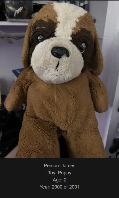 A close-up photo of a brown and white plush dog toy with a stitched mouth, set against a cluttered background. Overlaid text…