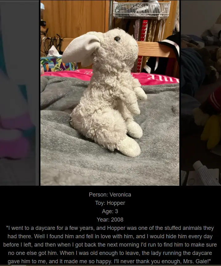 A fluffy white stuffed rabbit toy named Hopper sits upright on a gray blanket. The image includes text overlaying the photo…