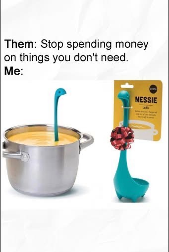 An image shows a teal, dinosaur-shaped ladle (Nessie Ladle) with a red bow, next to a pot of soup with the same ladle…