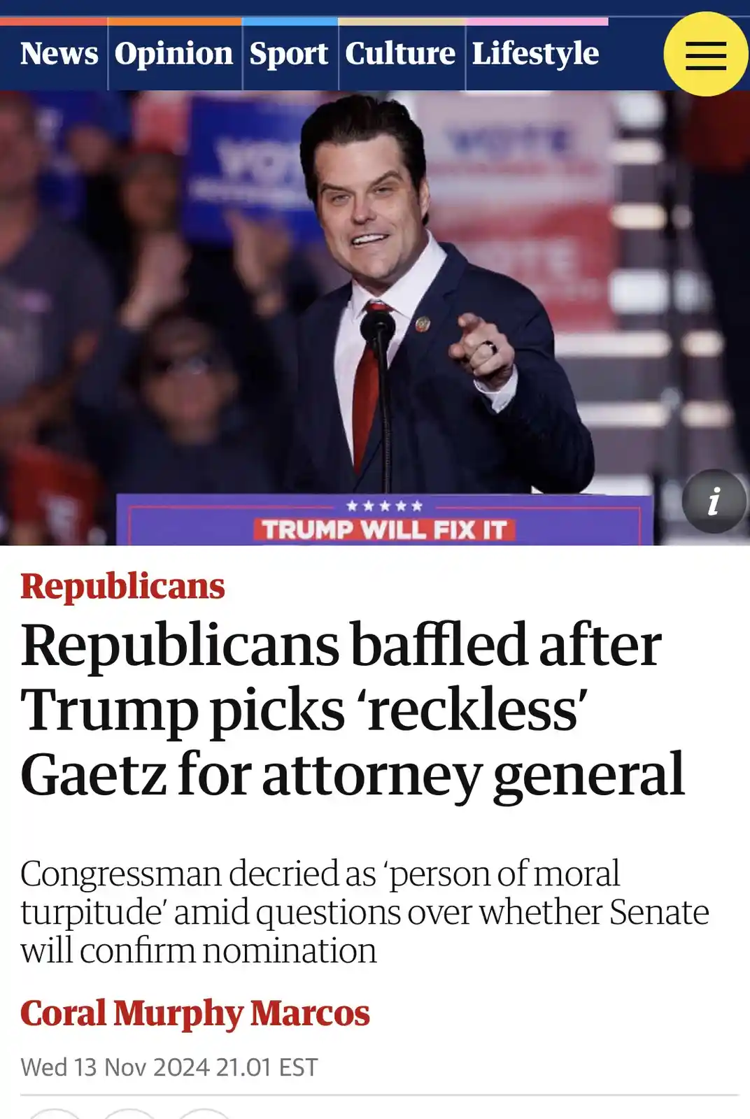 A screenshot of a news article with a headline about Republicans being baffled by Trump's nomination of Gaetz for attorney…