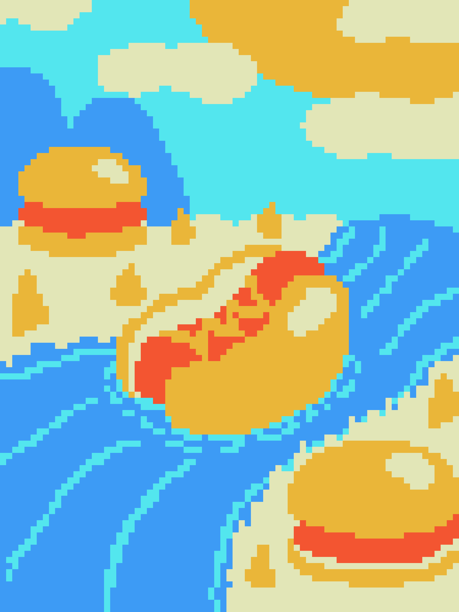 A low-resolution pixel art image shows a stylized, cartoonish burger with a red band and yellow bun, depicted in a dynamic…