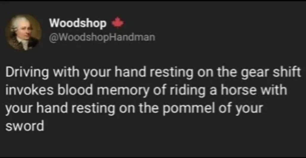 A screenshot of a tweet from the account 'Woodshop' with a profile picture of a man in historical attire. The tweet text…