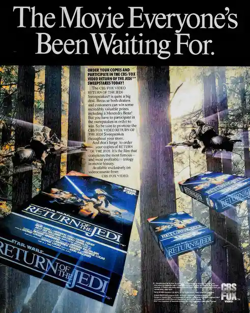 A vintage 1980s CBS/Fox Video advertisement for 'Star Wars: Return of the Jedi' features the movie's VHS box art and…
