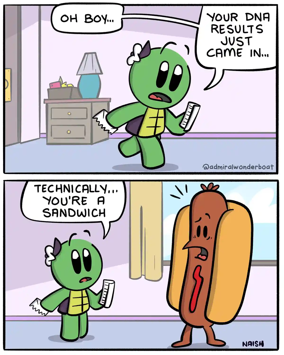 A two-panel comic shows a green cartoon turtle holding a DNA results slip, exclaiming 'OH BOY...' and 'YOUR DNA RESULTS JUST…