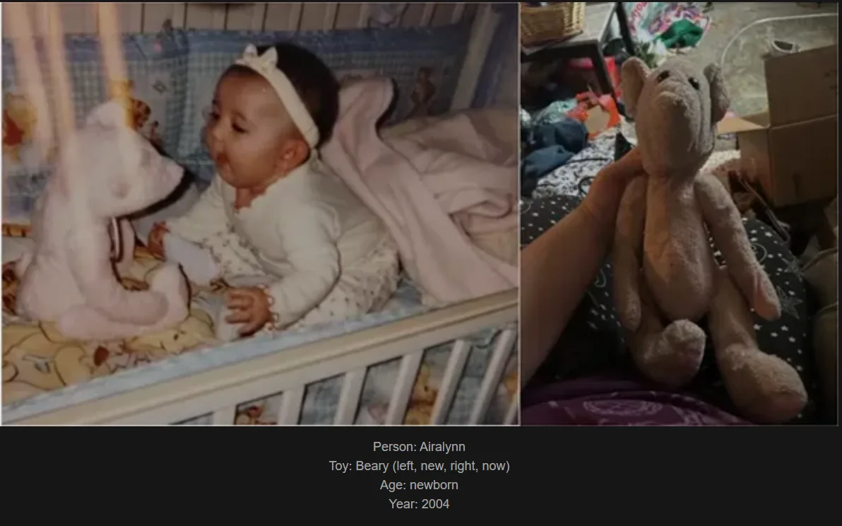 A split image shows a baby girl in a crib in 2004, smiling at a plush toy, and the same toy decades later, looking worn and…