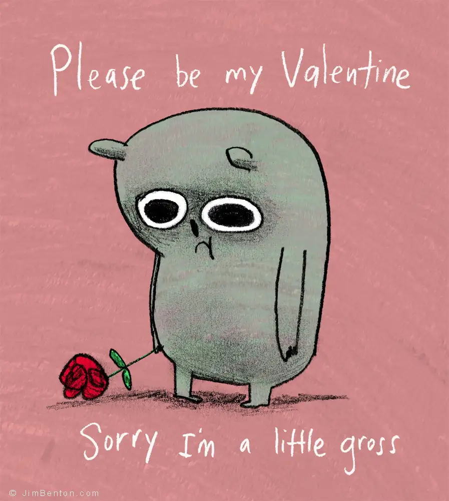 A cartoonish, grey, blob-like creature with large eyes and a sad expression holds a single red rose against a pink…