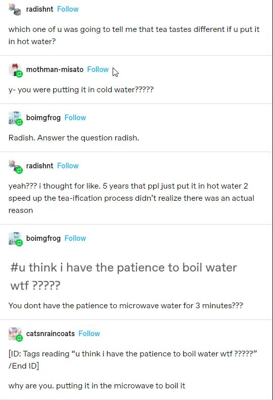 A screenshot of a Reddit comment thread where users discuss tea preparation. One user asks why tea tastes different in hot…