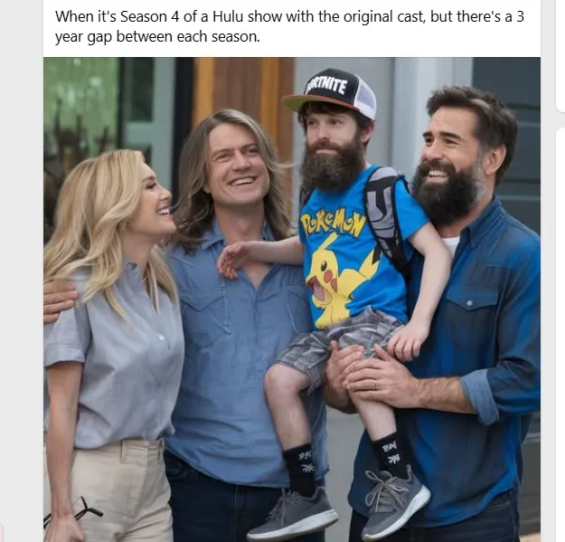 A family photo shows four adults and a child. The child wears a blue Pokemon shirt with Pikachu and a Fortnite cap, while…
