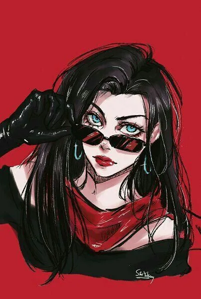 A stylized illustration of a woman with long black hair, blue eyes, and red lipstick, wearing black gloves and a red scarf…