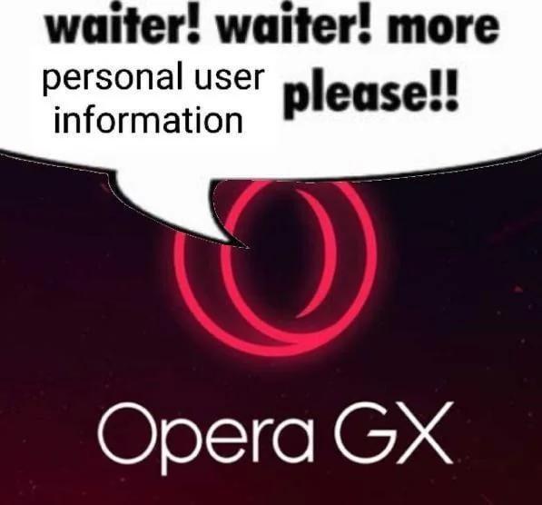A speech bubble above the Opera GX logo contains the text 'waiter! waiter! more personal user information please!!'. The…
