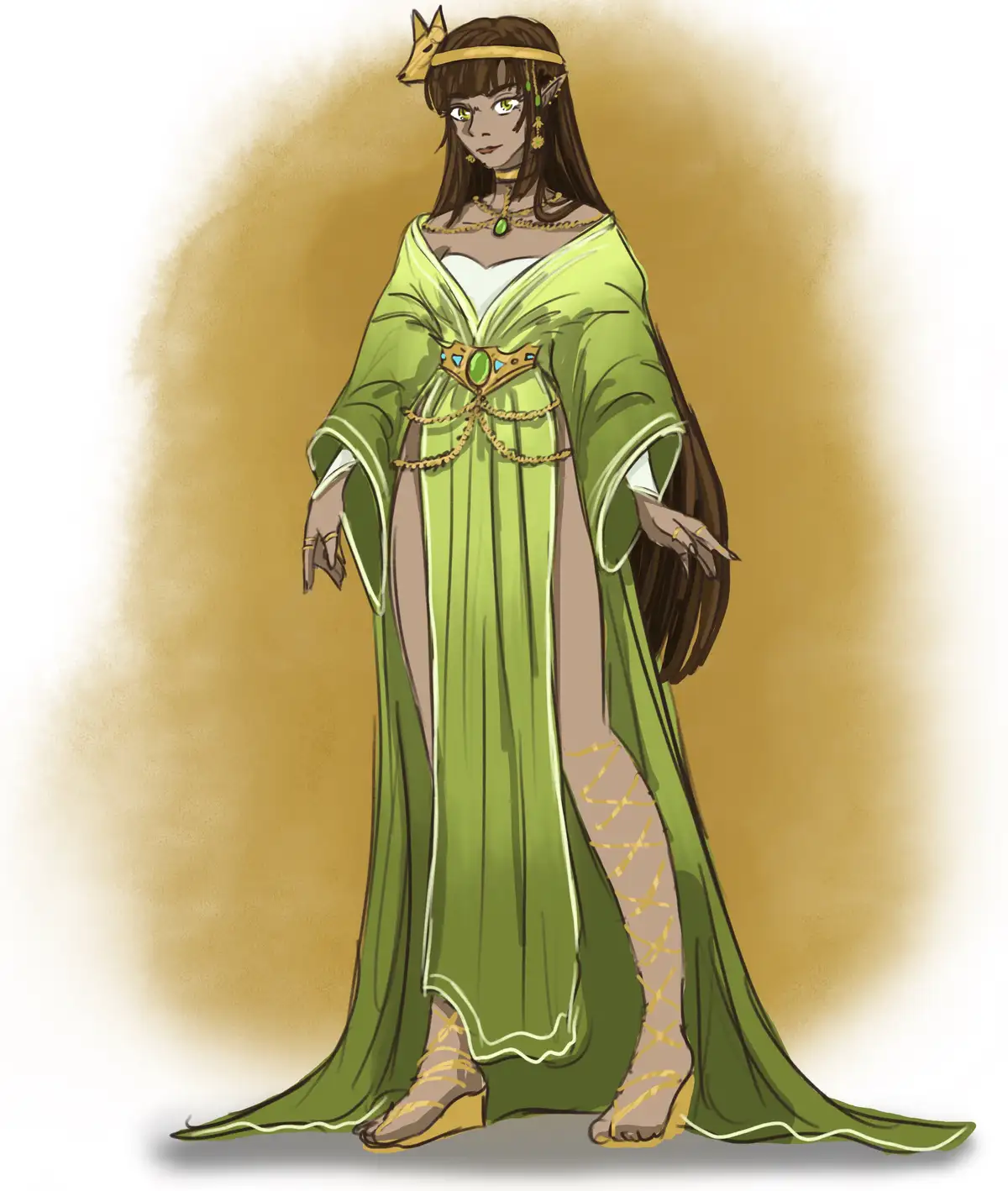 An illustration of a tall, slender woman with dark skin, long brown hair, and pointed ears, wearing an elaborate green robe…