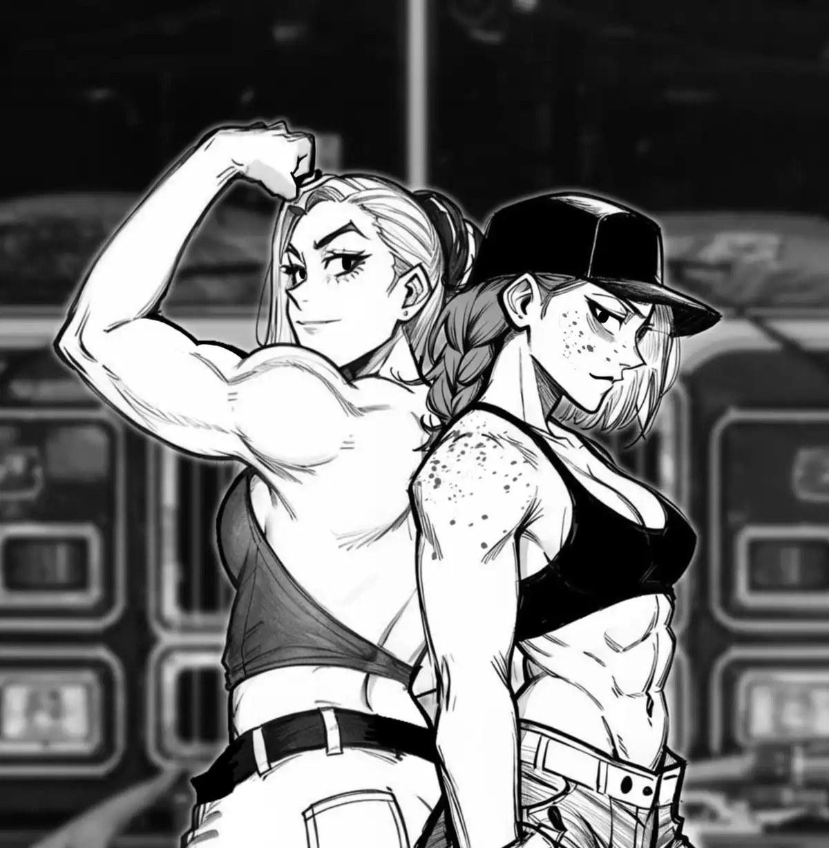A black-and-white anime-style illustration shows two muscular women standing back-to-back. The woman on the left, with…