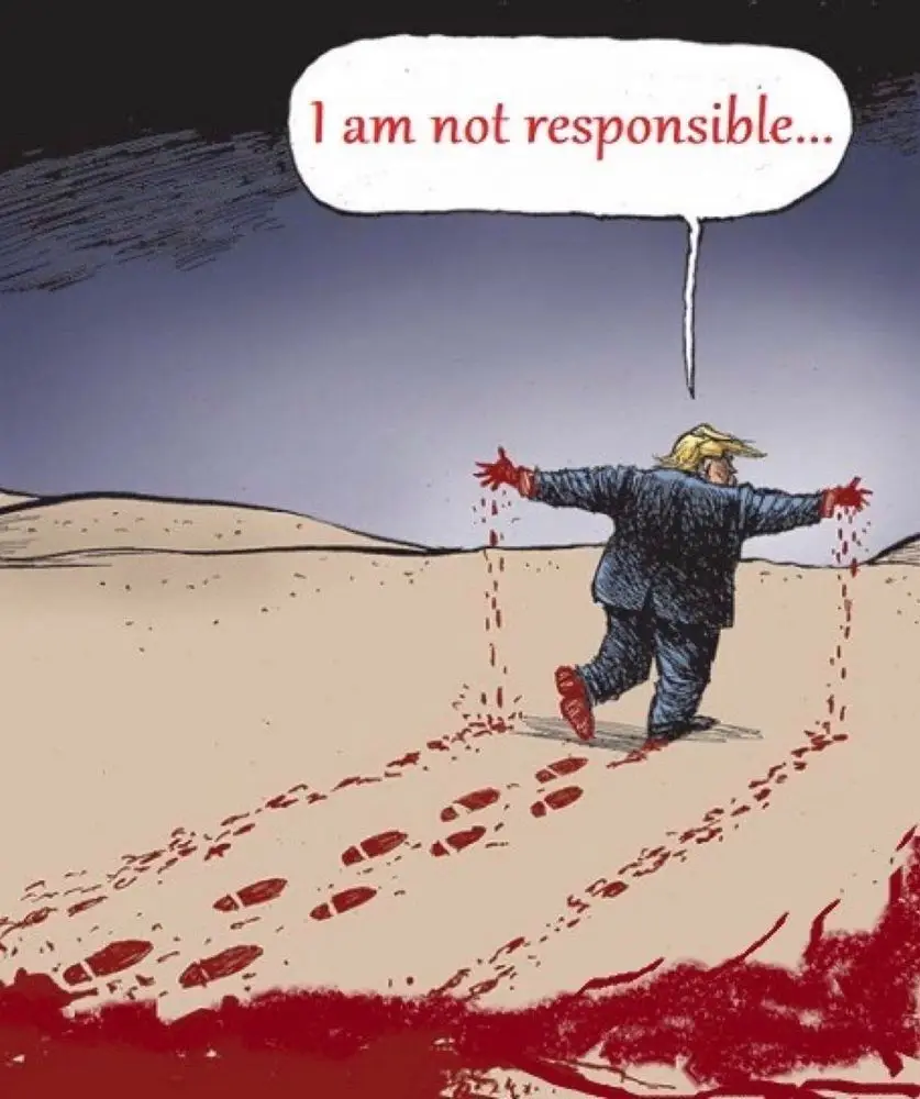A cartoon depicts a man with blond hair and a blue suit running away from the viewer across a desert, leaving bloody…