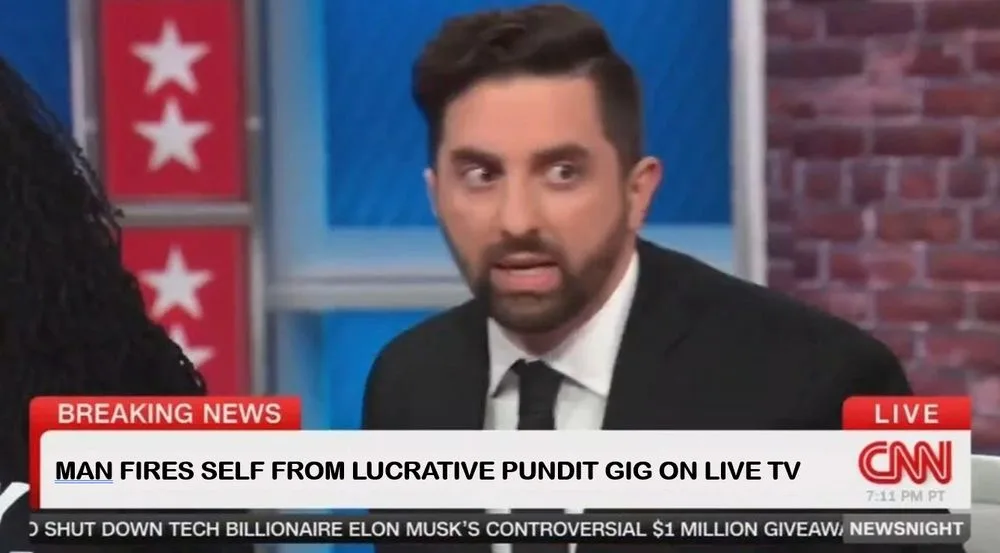 A man in a suit and tie appears on a CNN news broadcast with a shocked expression, looking sideways. The on-screen banner…