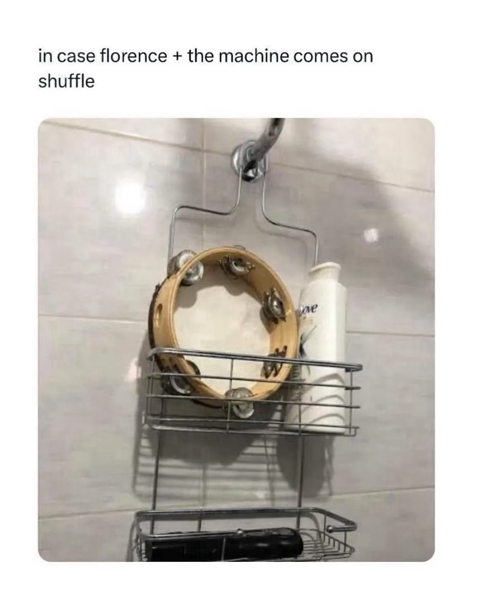 A shower caddy holds a tambourine next to a Dove body wash bottle, implying readiness for music. The text says 'in case…