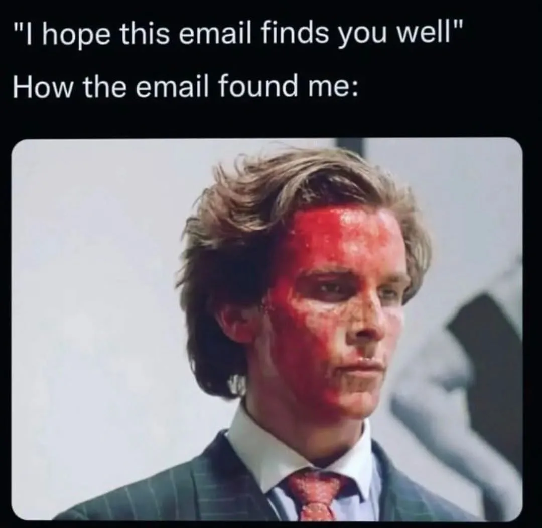 A man in a suit and tie has his left side of his face covered in red paint or blood, looking serious. The text above reads…