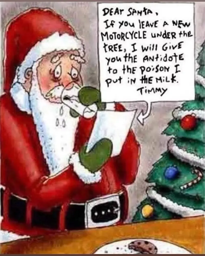 Santa Claus, looking terrified and sweating, reads a threatening letter from a child named Timmy. The letter demands a new…
