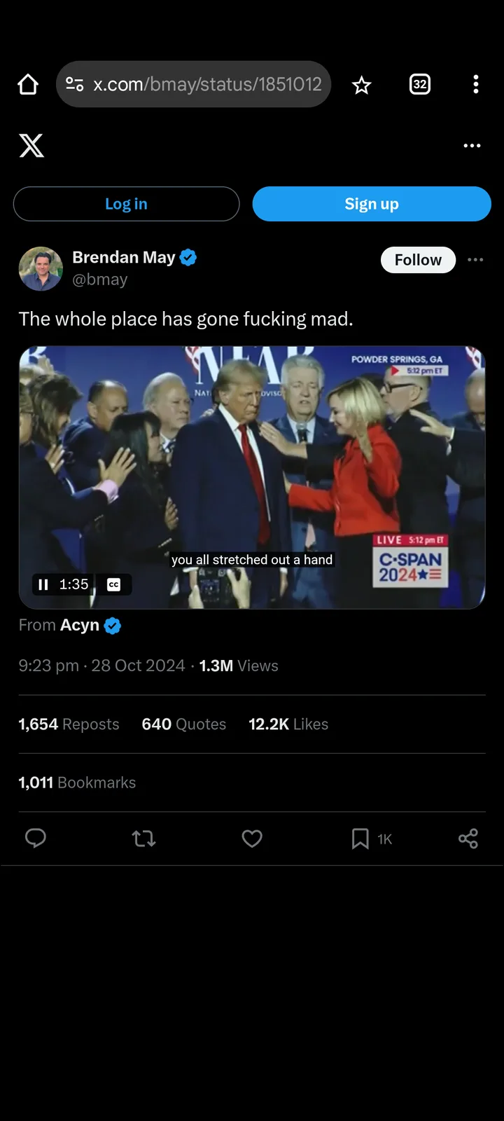 A screenshot of a tweet by Brendan May shows a video clip from a C-SPAN 2024 broadcast at a political event in Powder…