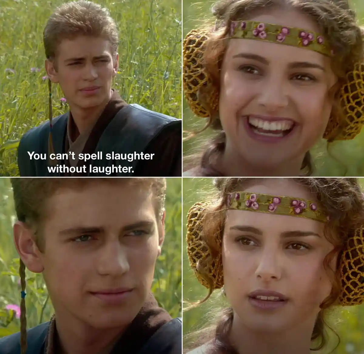 A four-panel image from Star Wars: Episode I – The Phantom Menace shows young Anakin Skywalker looking confused and then…