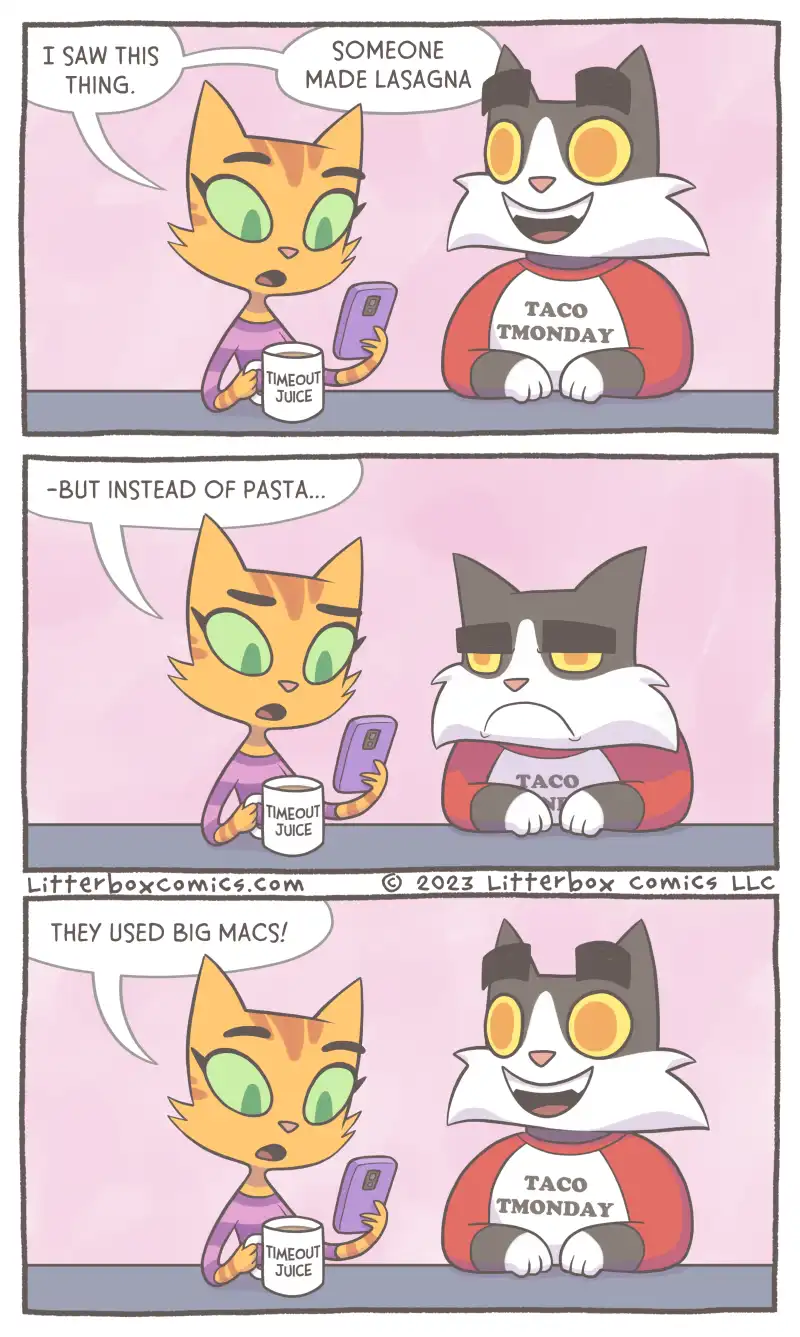 A three-panel comic featuring two cartoon cats. In the first panel, an orange cat says 'I SAW THIS THING.' while holding a…