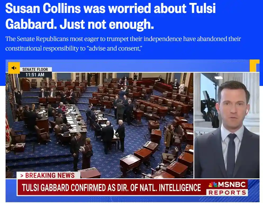 The image shows a split-screen MSNBC news broadcast. The left side displays the U.S. Senate floor with senators in formal…