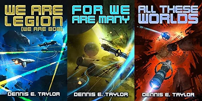 Three book covers side-by-side, each featuring space battles and sci-fi imagery. The left cover reads 'WE ARE LEGION (WE ARE…