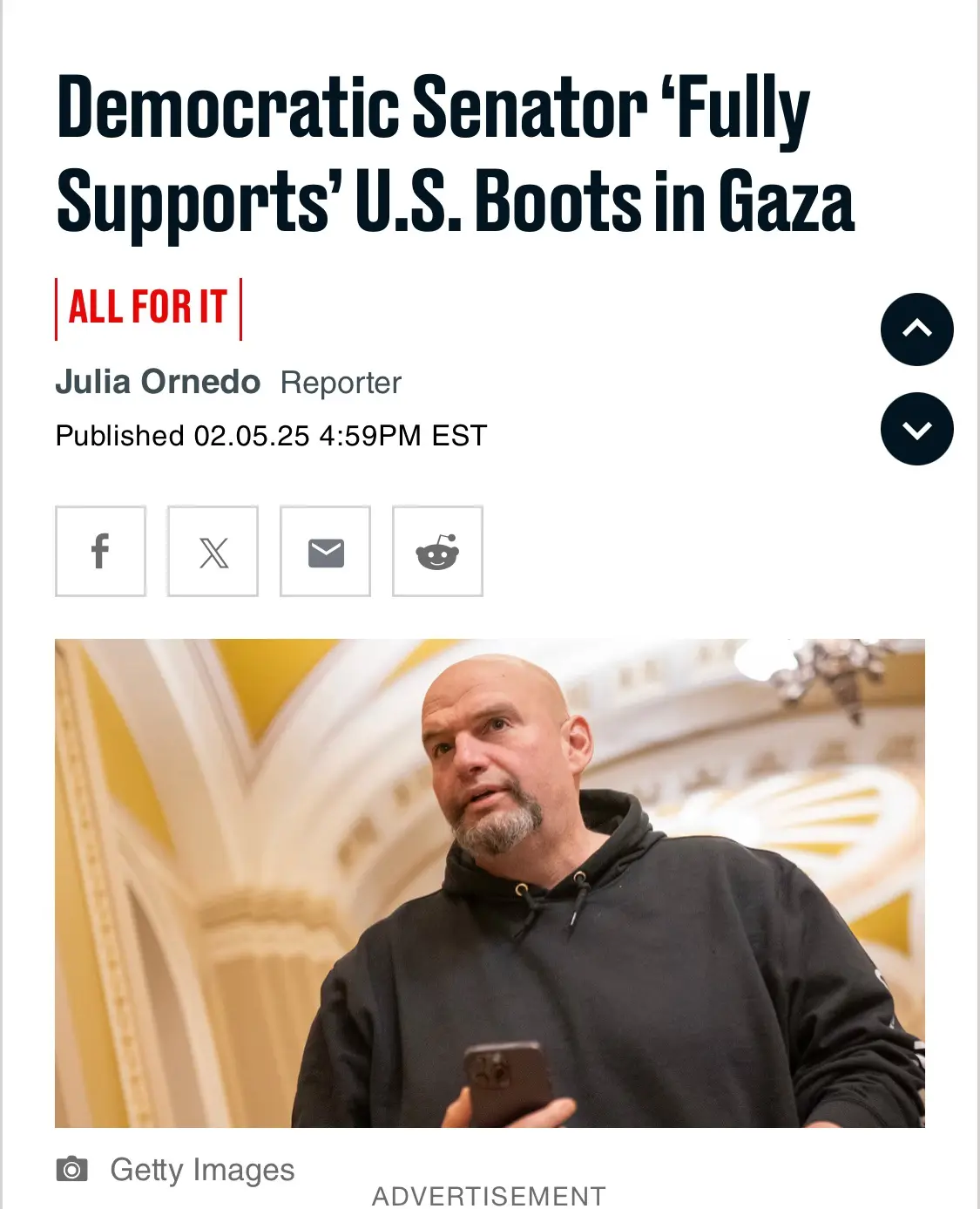 A screenshot of a news article with the headline 'Democratic Senator 'Fully Supports' U.S. Boots in Gaza' and a subheading…