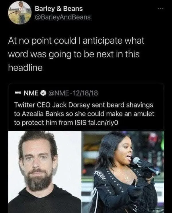 The image displays a tweet from NME dated 12/18/18, which reads: 'Twitter CEO Jack Dorsey sent beard shavings to Azealia…